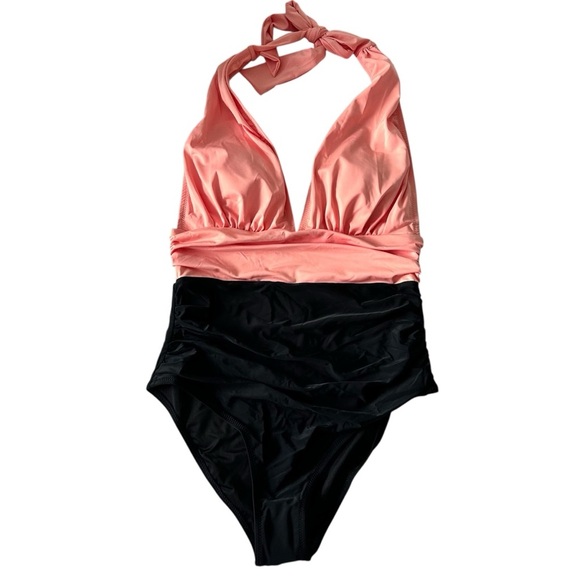Cupshe Coral and Black One Piece Halter Swimsuit SZ L - Picture 1 of 4